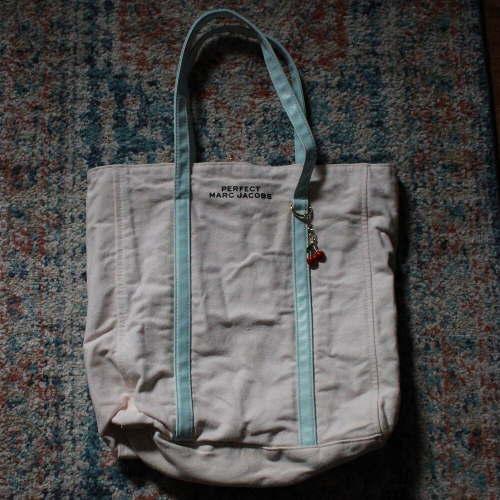 Marc Jacobs "Perfect" Cherry Charm Accent Canvas Tote Bag